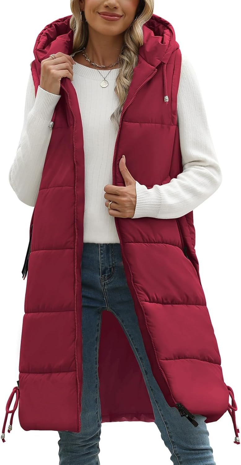 HEEKPEK Women Long Hooded Puffer Vest Winter Warm Quilted Sleeveless Down Jacket Casual Trendy Full-Zip Outerwear Drawstrings - Image 8