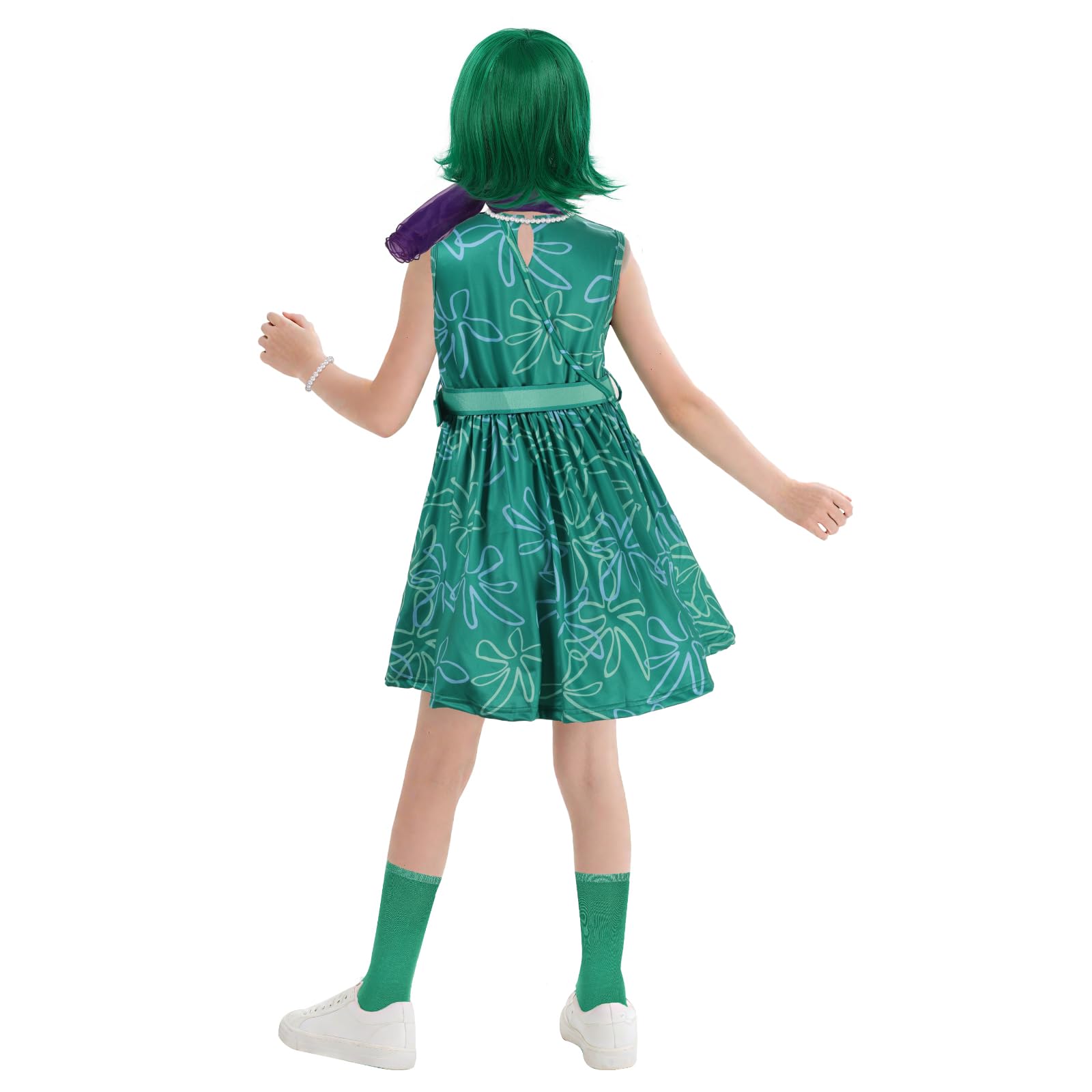 AENEY 9PCS Kids Girls Disgust Inside out Costume, Green Princess Dress with Wig Scarf Necklace Stocking - Image 3