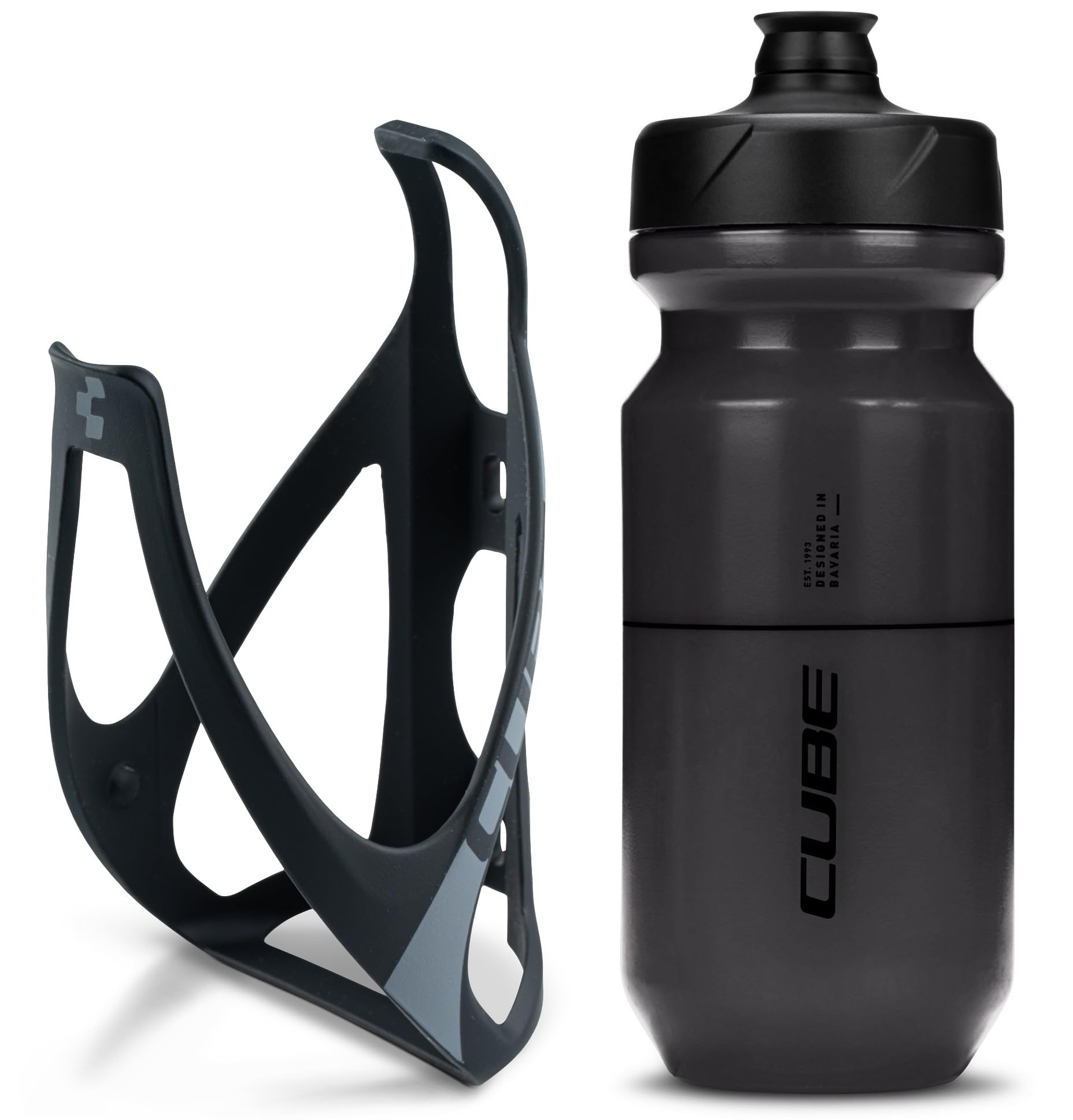Cube HPP Cage - Matt Black/Grey & Flow Bottle - Black, 500ml / Water Drink Flask Vessel Bidon Holder Mount Bracket Kit Lightweight Plastic Drinking Hydration Biking Bike Riding Frame Accessories