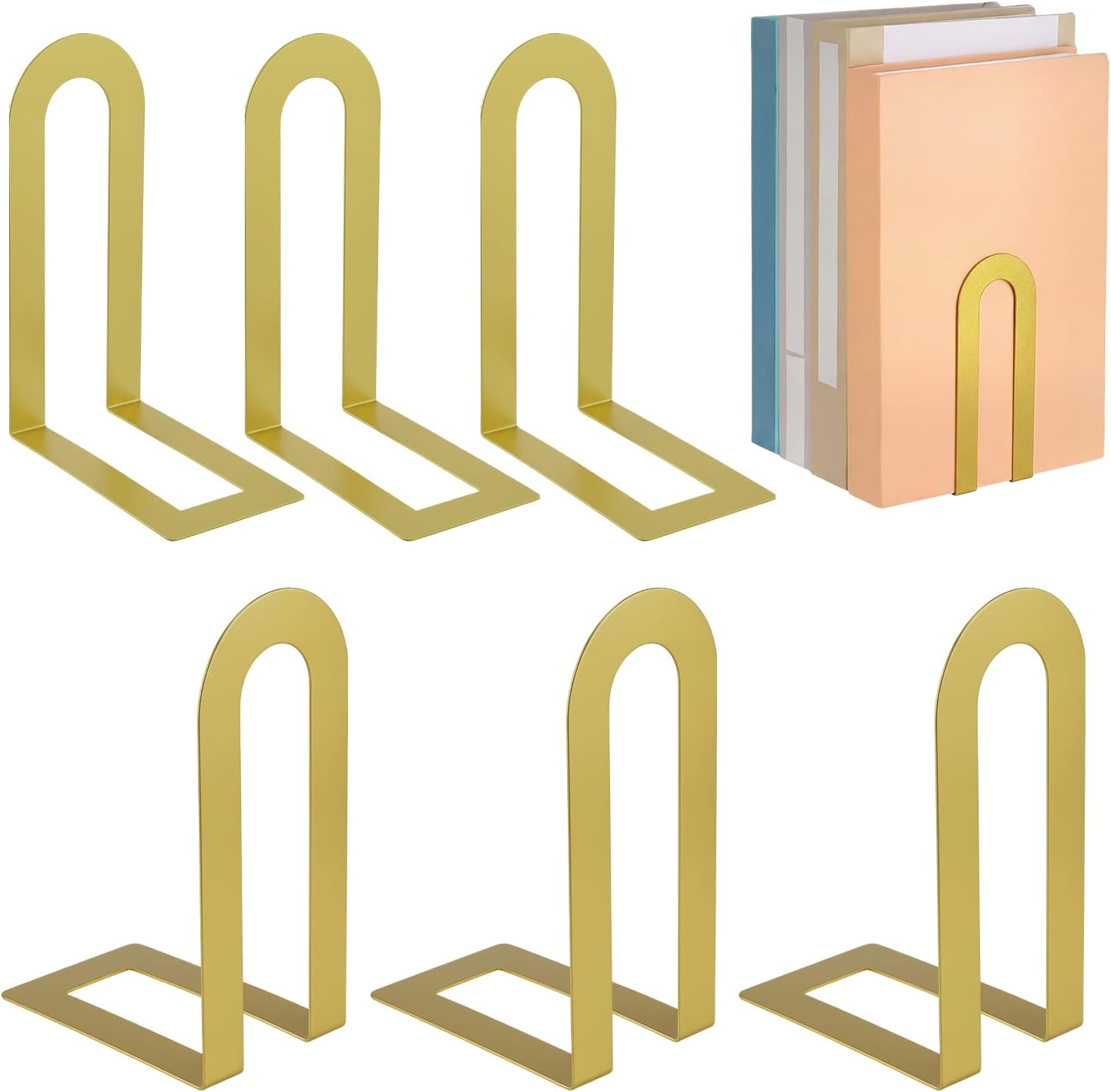 Chunful 6 Pcs Gold Book Ends for Shelves Decorative Small Modern Metal Bookends Book Shelf Organizer Minimalist Design Stopper to Hold Books for Home Office(5.5 * 3.75 * 2.25inch)