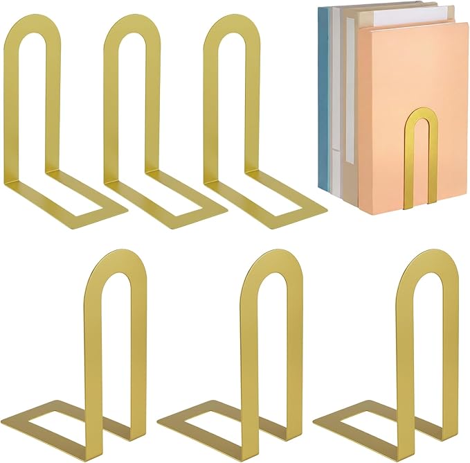 6 Pcs Gold Book Ends for Shelves Decorative Small Modern Metal Bookends Book Shelf Organizer Minimalist Design Stopper to Hold Books for Home Office(5.5 * 3.75 * 2.25inch)