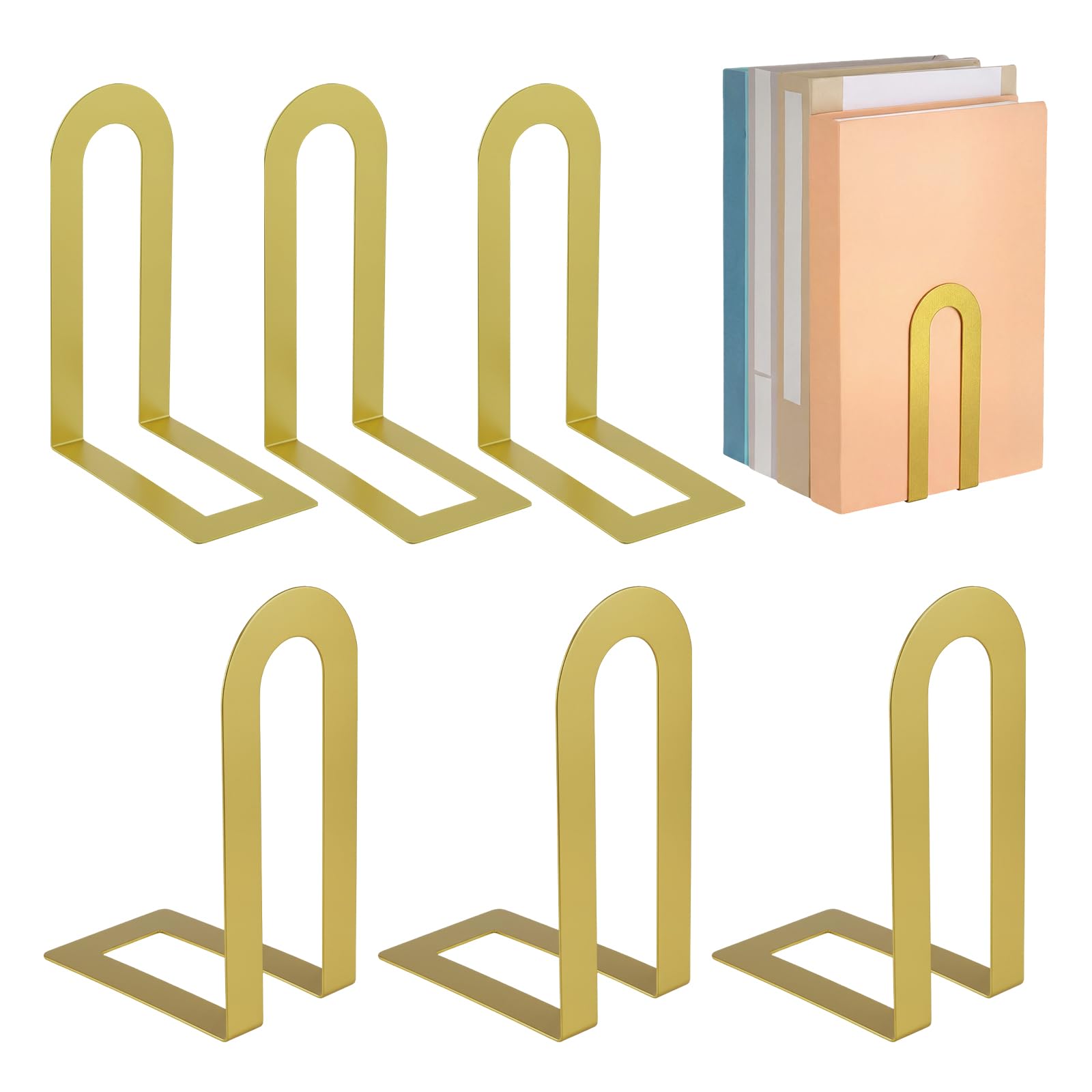 Chunful 6 Pcs Metal Book Ends, Minimalist Gold, 5.5 * 3.75 * 2.25inch