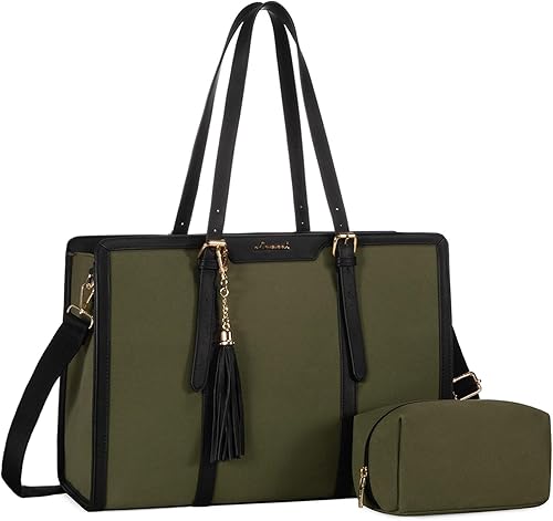 LOVEVOOK Bolsa de mano para computadora portátil para mujer, 17 pulgadas, lona de cuero, bolsa de computadora con bolso de mano para negocios,