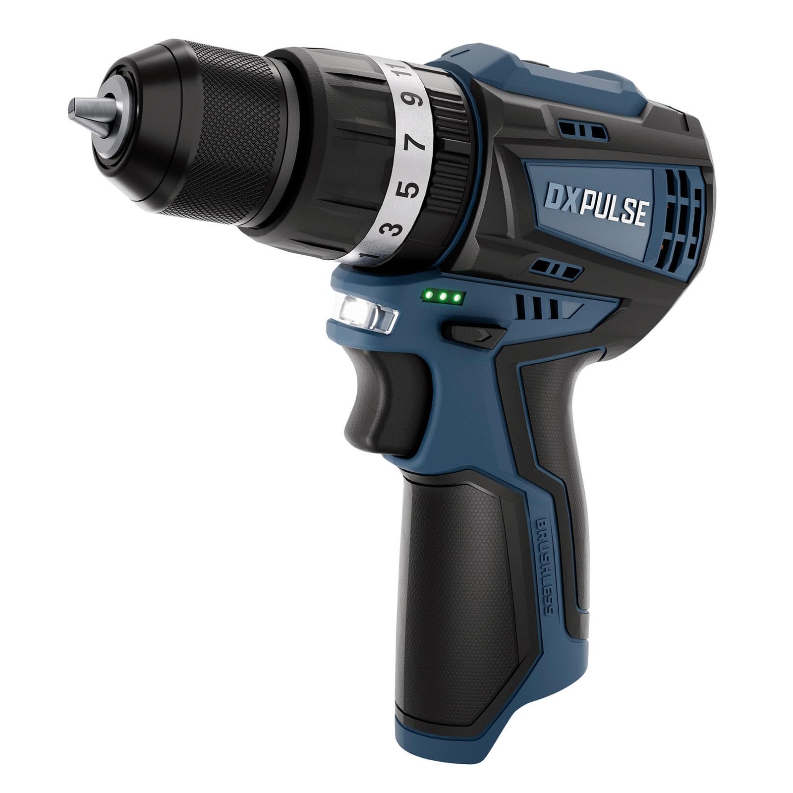 DXPULSE 12V Brushless Combi Drill Bare Unit, Cordless Drill Driver with Hammer Function, 10mm Metal Chuck, 21+3 Torque Settings, 2-Speed Gearbox, LED Light – DX12 Interchange System