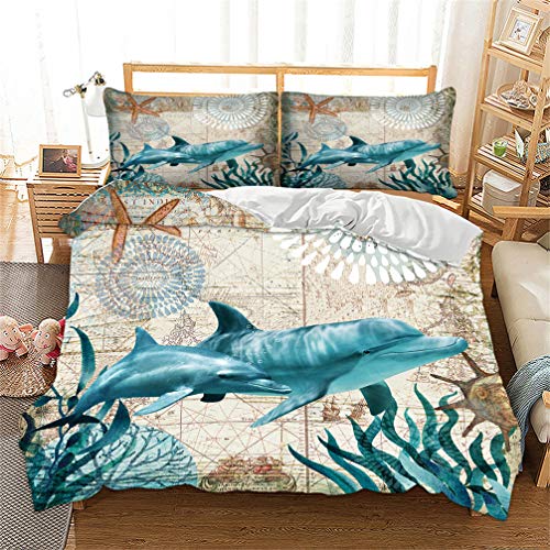 HNHDDZ Ropa de Cama 200x200 Animal 3D Caballo de Mar Ballena Tortuga Pulpo Delfín Vida Marina Azul Impresión Funda de Almohada y Funda nórdica Cama 135 cm