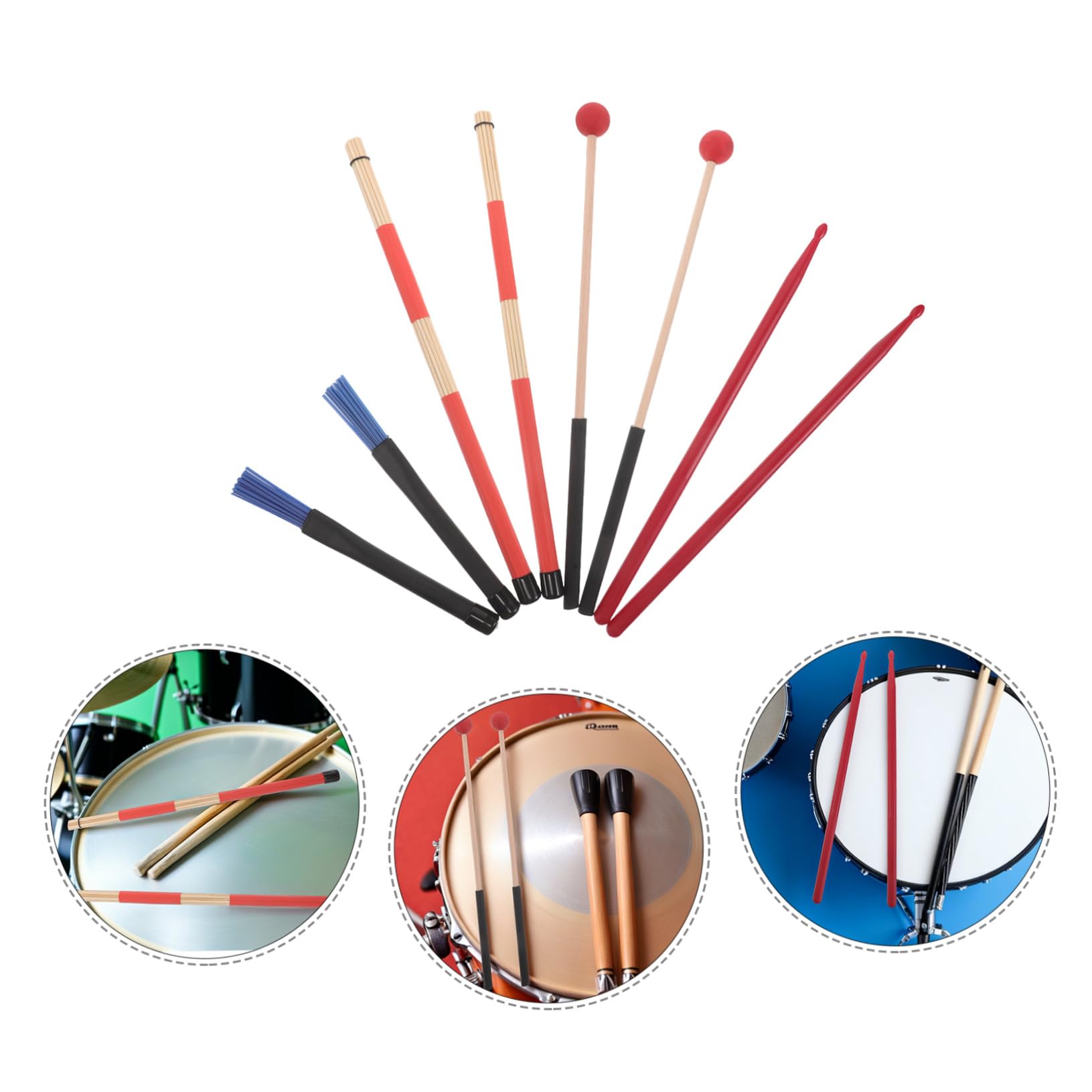 Juego de Accesorios para Batería con Funda Roja Antideslizante, Baquetas de Madera y Escobillas de Nylon para Adultos y Principiantes en Jazz y Blues