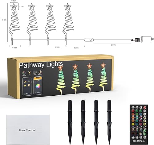 Miniatura 9 de Smart Outdoor Christmas Decorations, Custom & Preset Modes, Set of 4 18" 40 LED RGB Spiral Christmas Tree Path Finder Stake Lights, APP Control