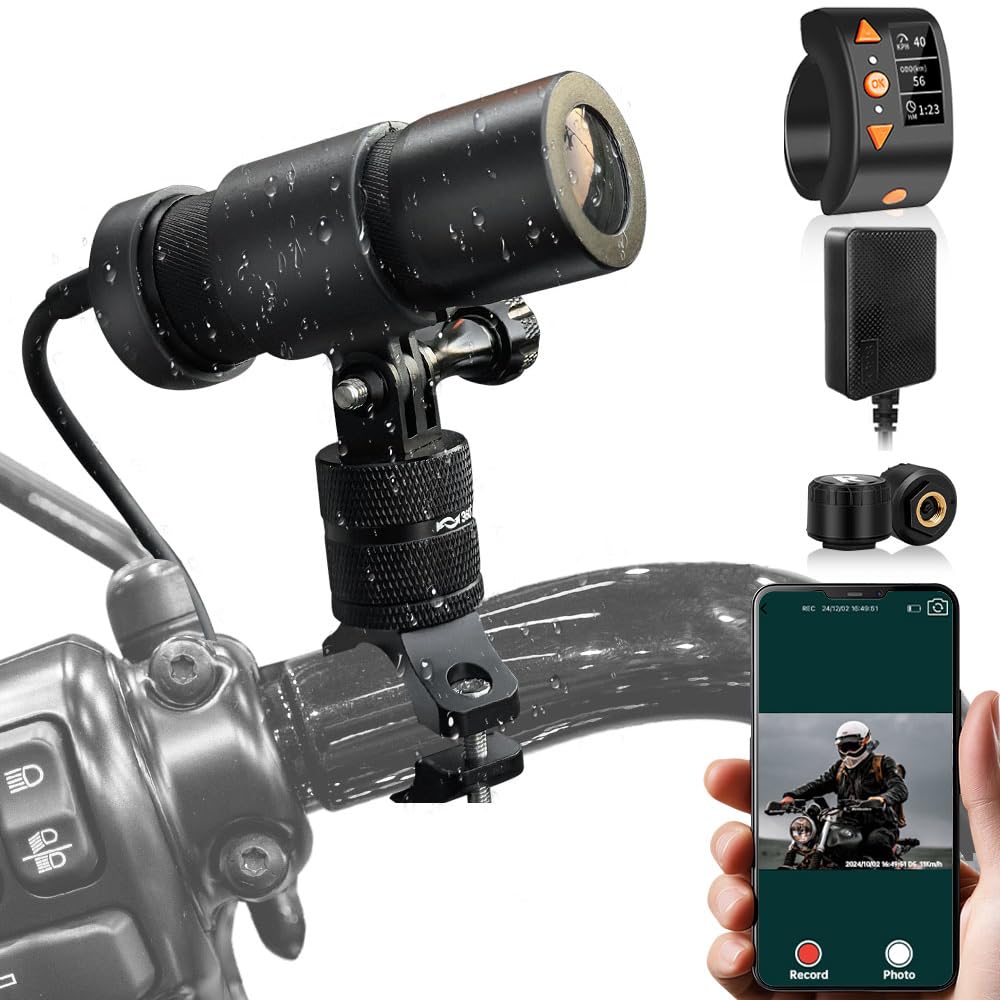 VSYSTO Motorcycle WiFi Camera, OLED Display Wired Controller GPS Tire Pressure Sensor, ODO Calculation HD 1080P 150° Wide Angle Starlight Night Vision