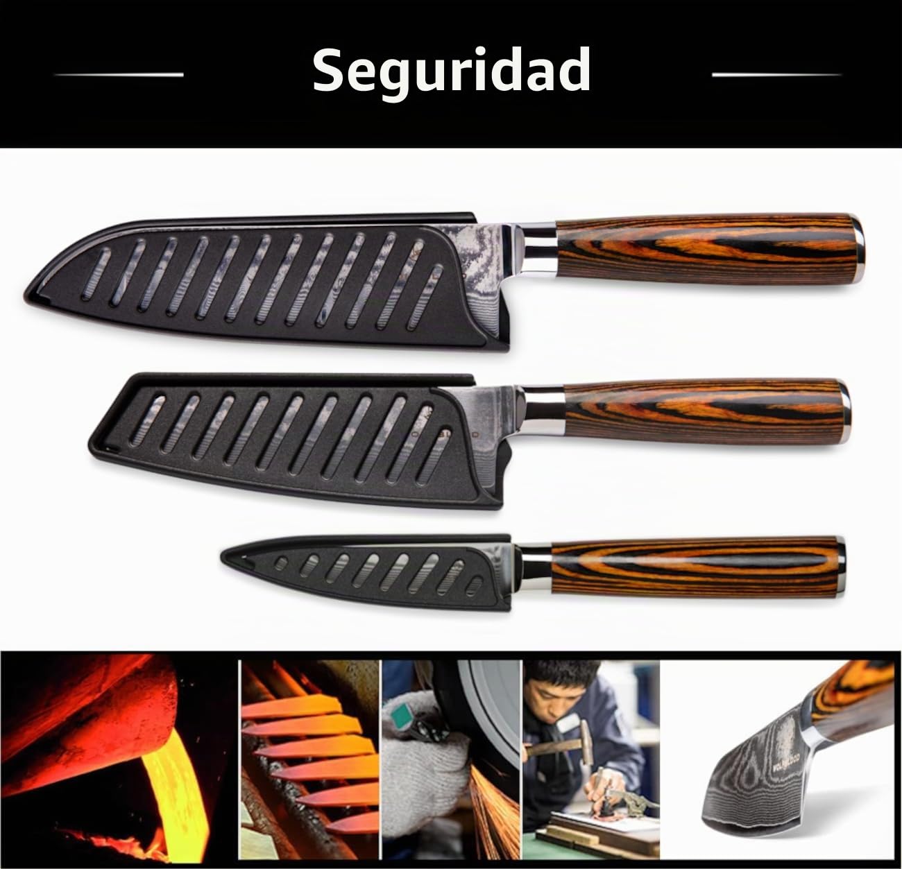 Wolfblood set de 3 cuchillos Santoku de acero Damasco 67 capas (30, 24 y 20 cm) | Cuchillos profesionales de cocina VG10 | Santoku, cuchillo pelador, caja de regalo y protector de hoja