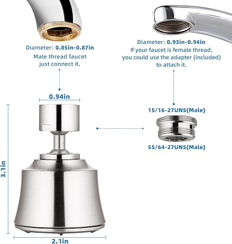 Miniatura 2 de 360 Faucet Aerator, Faucet Sprayer Attachment, Swivel Kitchen Faucet Head, Faucet Aerator for Kitchen 5564-27UNS Female Thread, 4 Spray Modes, 2