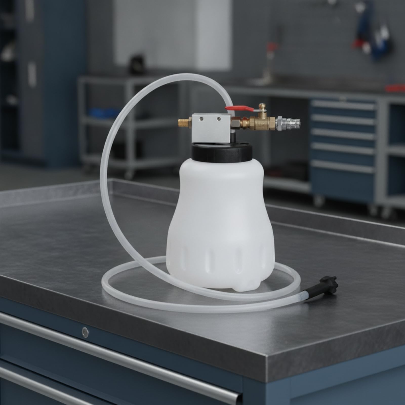 Bremsflüssigkeitsentlüftungsgerät mit Pneumatischer Ventilanordnung Und Hebel für Kontrollierte Flüssigkeitshandhabung Beim Service von Bremsanlagen in Autowerkstätten Und