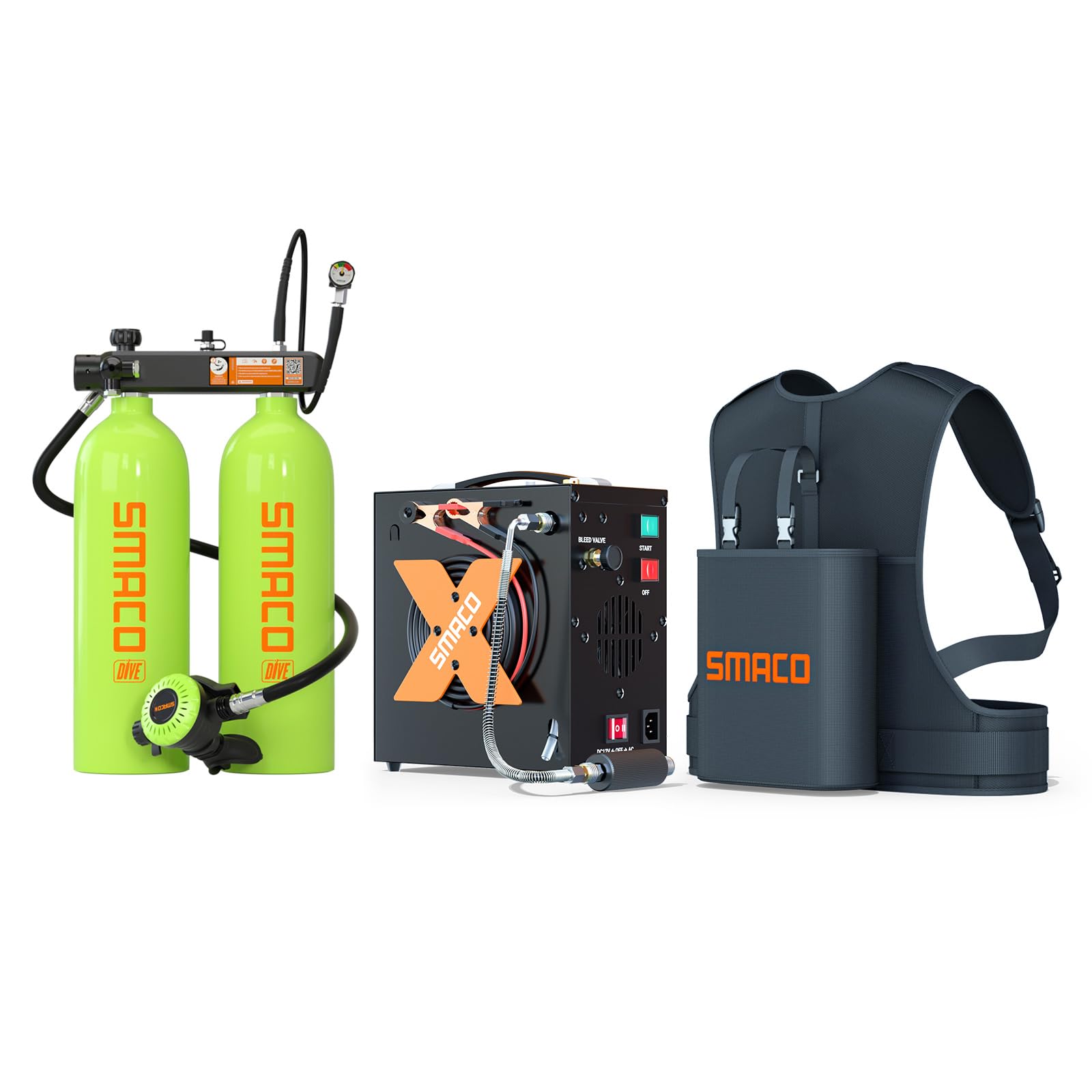 SMACO Mini Scuba Diving Tank 2L Double Scuba Tank Reusable Small Pony Bottle with 30-45 Mins Portable Twin 2L Diving Air Tank Kit Diving Oxygen Cylinder for Underwater Exploration Rescue S700 Max