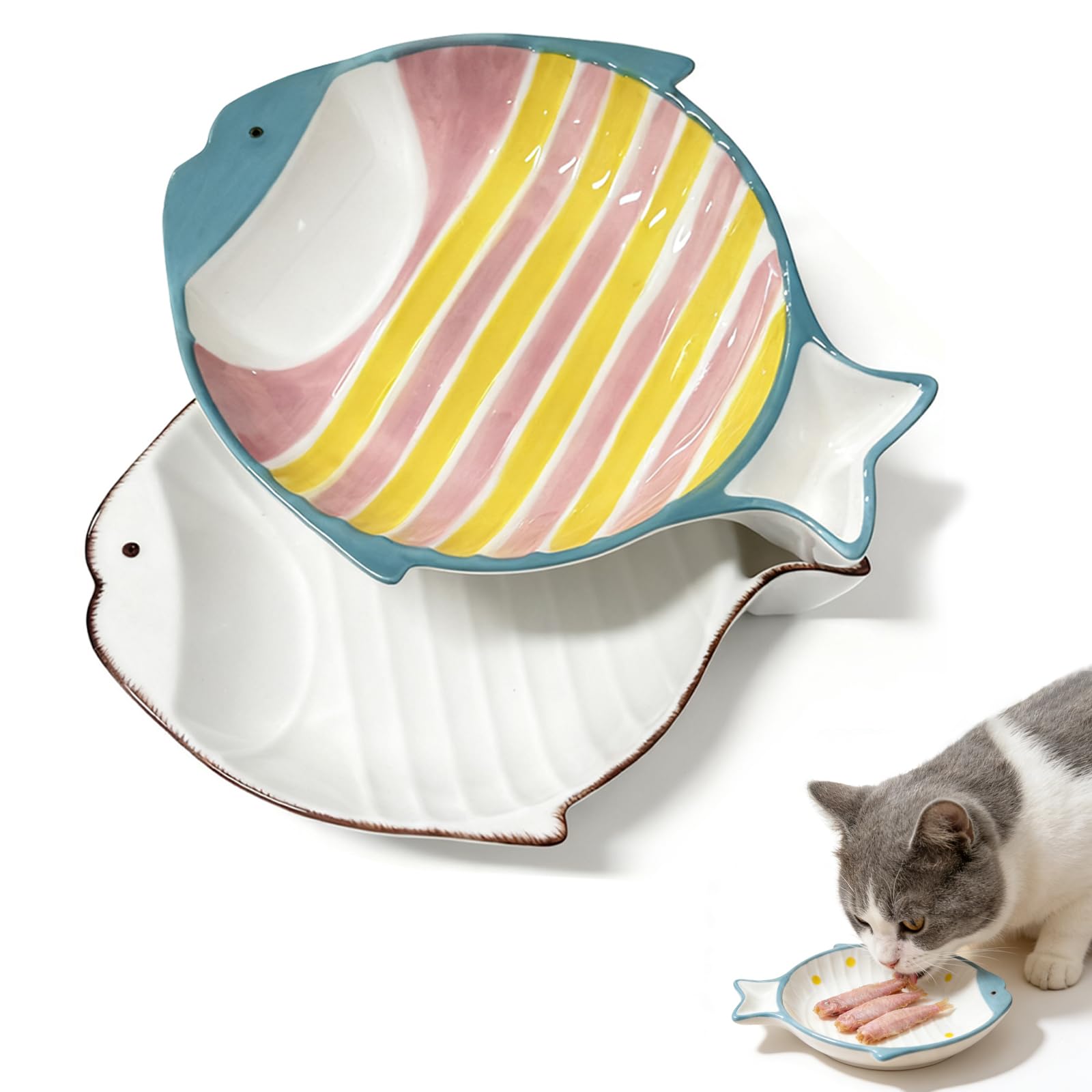 2 Pack Ceramic Cat Food Bowl Set, Cute Fish, Shallow Wide Flat, Colorful, Whisker Fatigue Cat Dishes for Food, Kitten Food Bowl, for Small Flat Pet Kitten Feeding Plates for Wet/Dry Food, Stripe