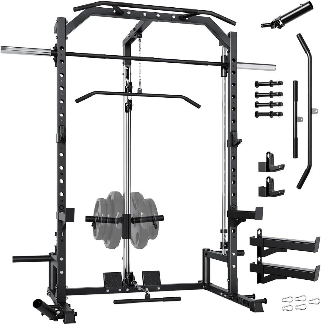 Smith Machine, 1000 LBS Squat Rack for Home Gym, LAT Pulldown Machine, Multifunctional Power Rack, Power Cage for Strength Training