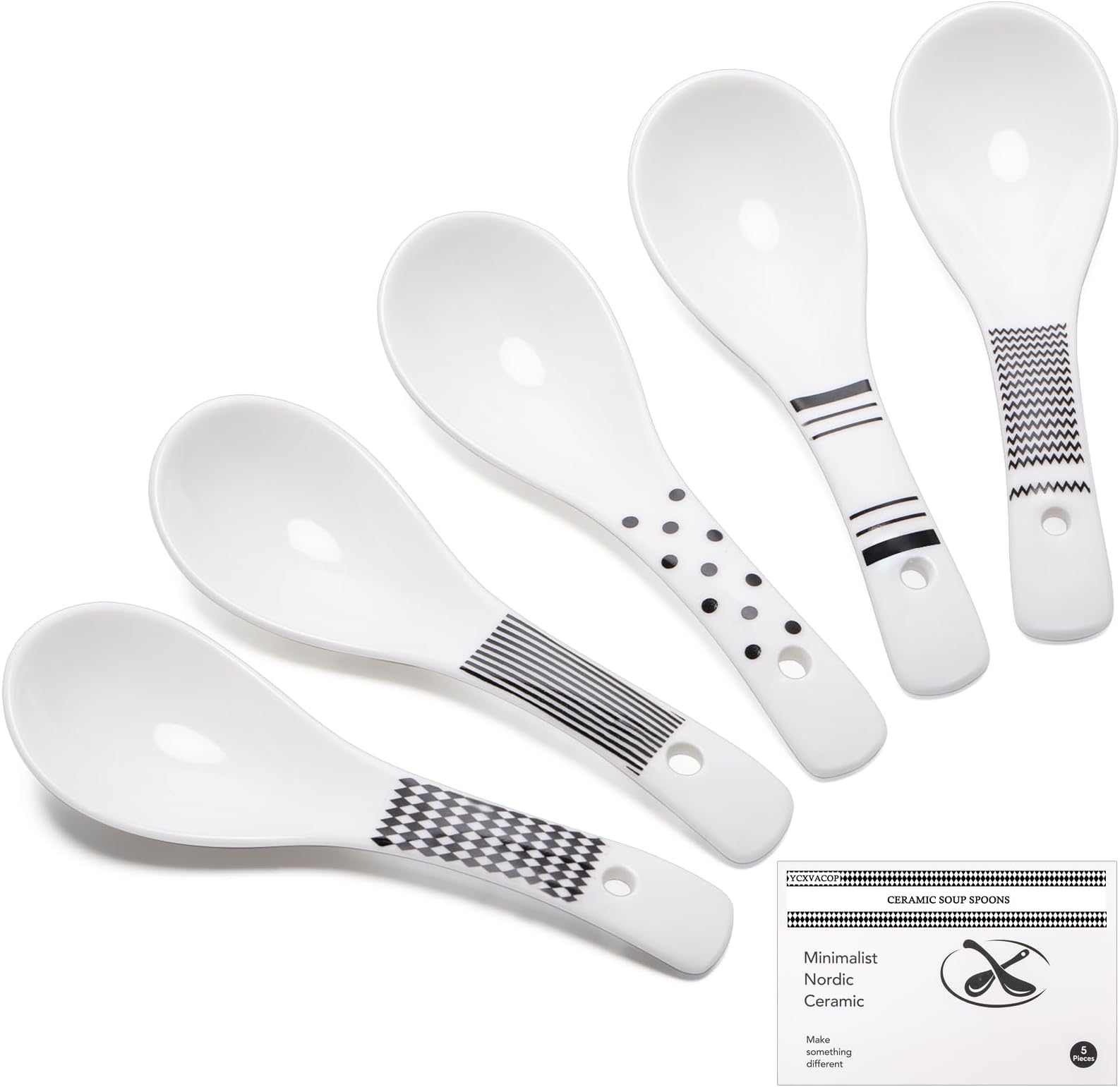 Asian Soup Spoon,Ceramic Spoon Chinese Soup Spoons,5.5 Inch Ramen Spoons,Porcelain Soup Spoons,Long Handle Japanese Soup Spoon for Ramen Dumpling Pho Wonton,Set of 5