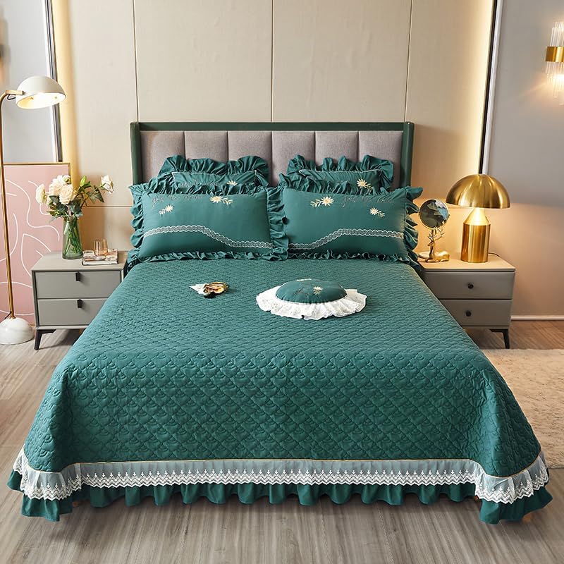 Quilted Lace Ruffle Bedspread Brushed Microfiber Coverlet Queen Size Bed Spread for All Seasons, Light Yellow