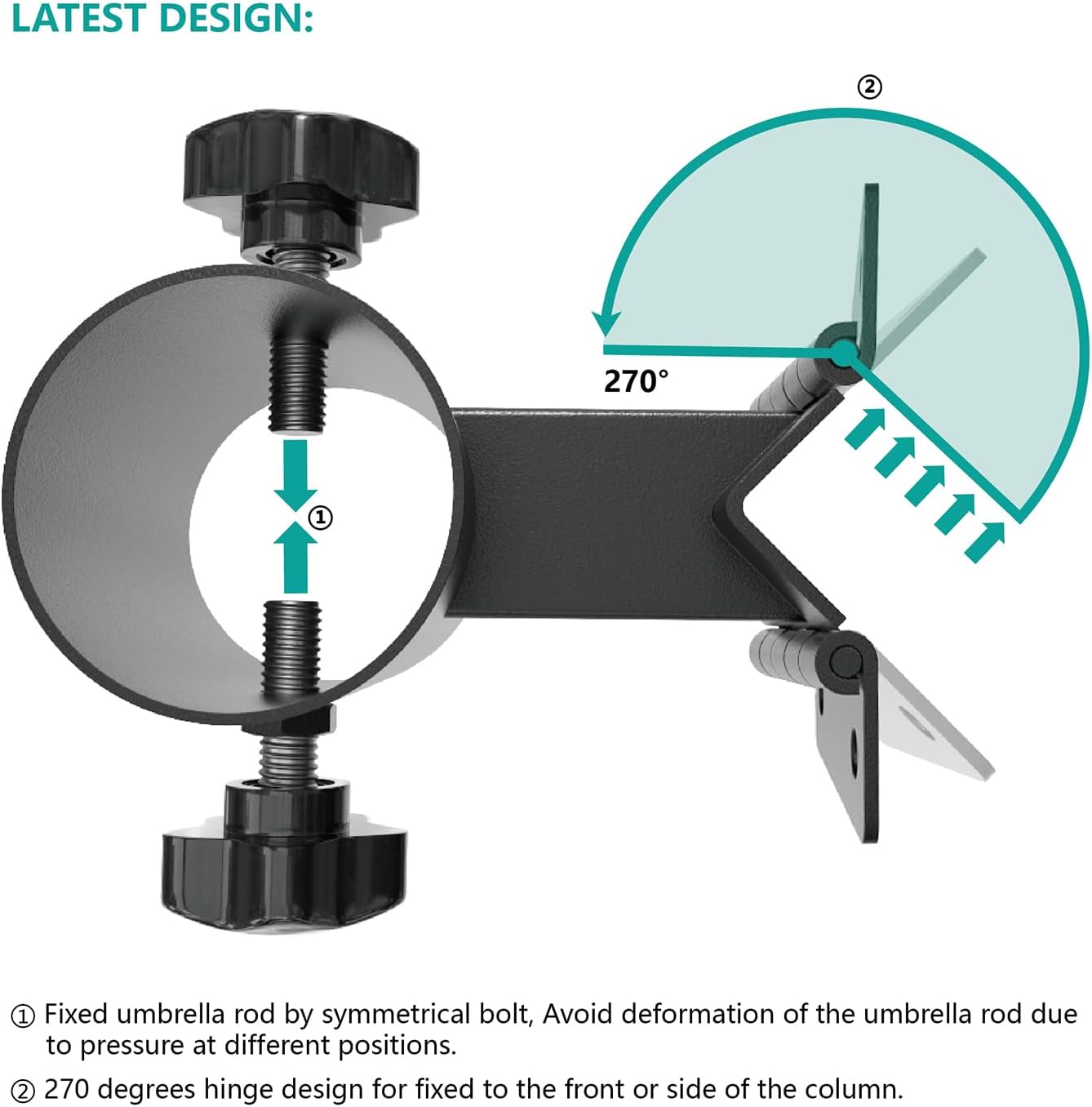 Deck Umbrella Mount, Stainless Steel Patio Umbrella Holder, Heavy Duty Outdoor Umbrella Bracket Clamp, (Fit Max OD 2 inch), Multiple Mounting Options to Save Deck Space, Black