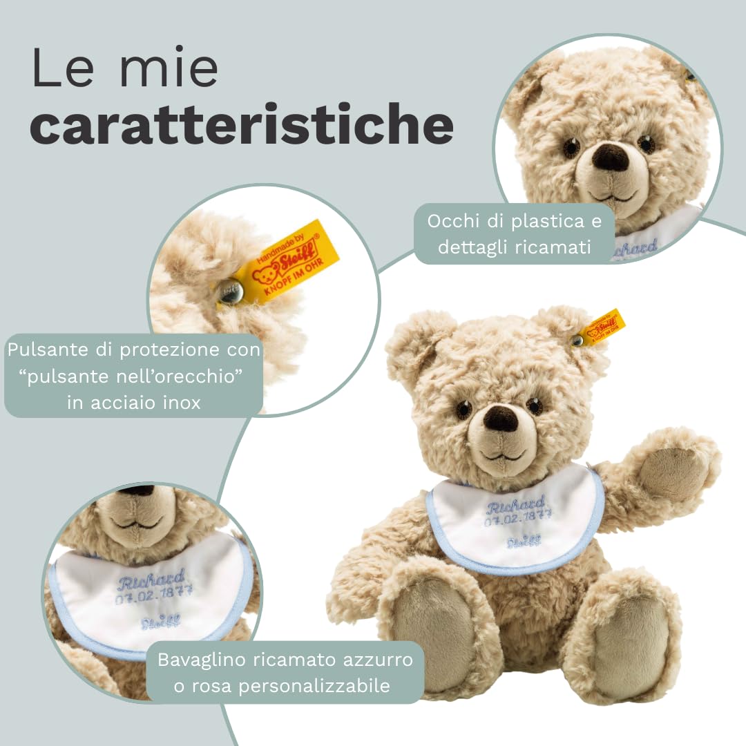 Steiff Peluche Orsacchiotto con bavaglino personalizzabile, animale di stoffa, bambini, bambine e neonati da 0 mesi, pupazzo di 30 cm, beige, 241291