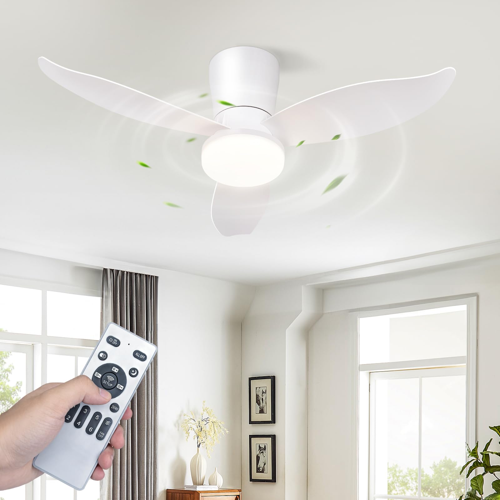 Homefire Ventilador de techo luz - Ventilador de techo silencioso de 3 aspas con luz, blanco, brillo ajustable, 6 velocidades, control remoto Lámpara de techo para dormitorio o cocina