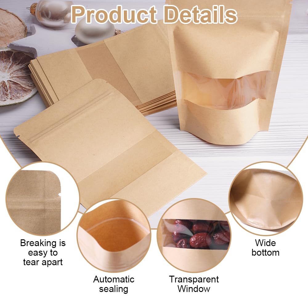 100 Pezzi 15 x 10 cm Sacchetti Carta Kraft con Finestra, Marrone Sacchetti di Carta per Alimenti, Riutilizzabile con Cerniera Imballaggi per Alimenti in Carta Kraft per Noci, Chicchi di Caffè, Tè