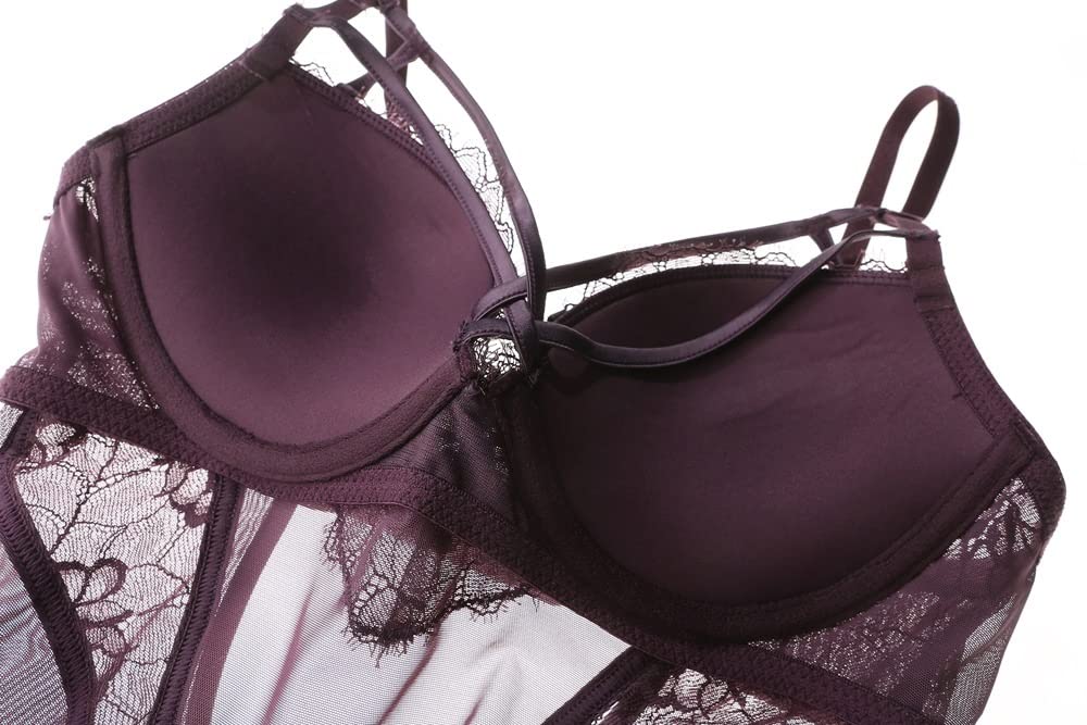 Body Sexy Lencería de Encaje de Una Pieza para Mujer Copa con Tiras Push Up Floral Acolchado con Aros (Color : C, Size : Gray)