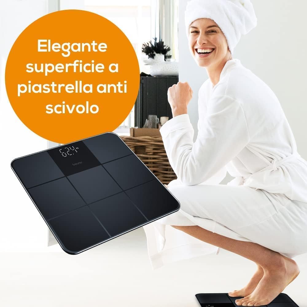 Beurer GS 235 Bilancia Pesapersone Digitale in Vetro con Superficie in Silicone Antiscivolo a Piastrella opaca e Display Magic invisibile, Spegnimento Automatico, Portata max di 180 kg, colore nero