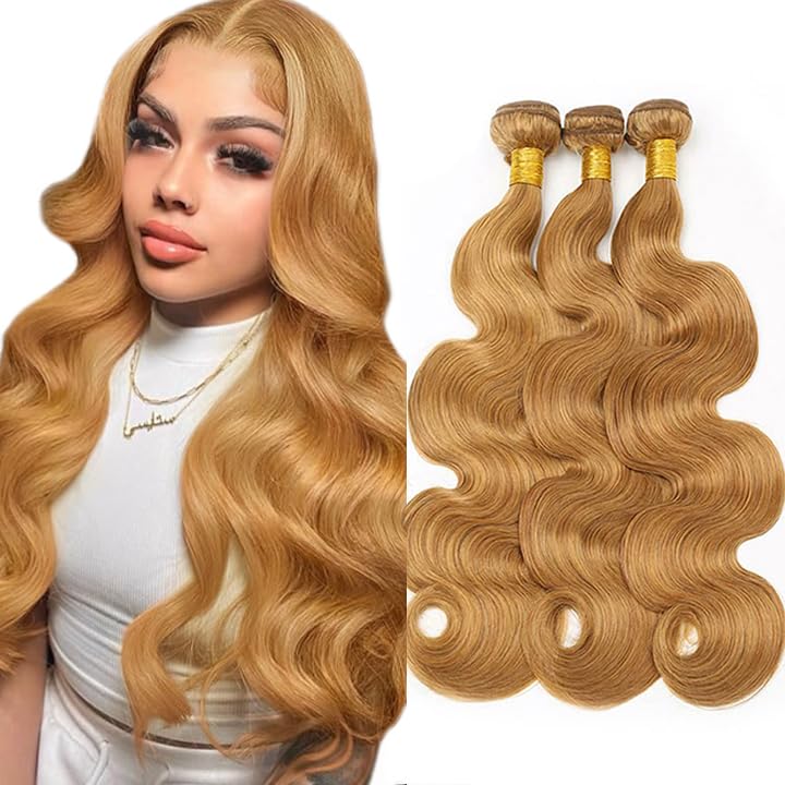 AiPliantfis #27 Honey Blonde Human Hair Bundles Body Wave Weave 3 Bundles Total 300g Unprocessed Glueless Virgin Double Weft Human Hair Extension 30 32 34 Inch