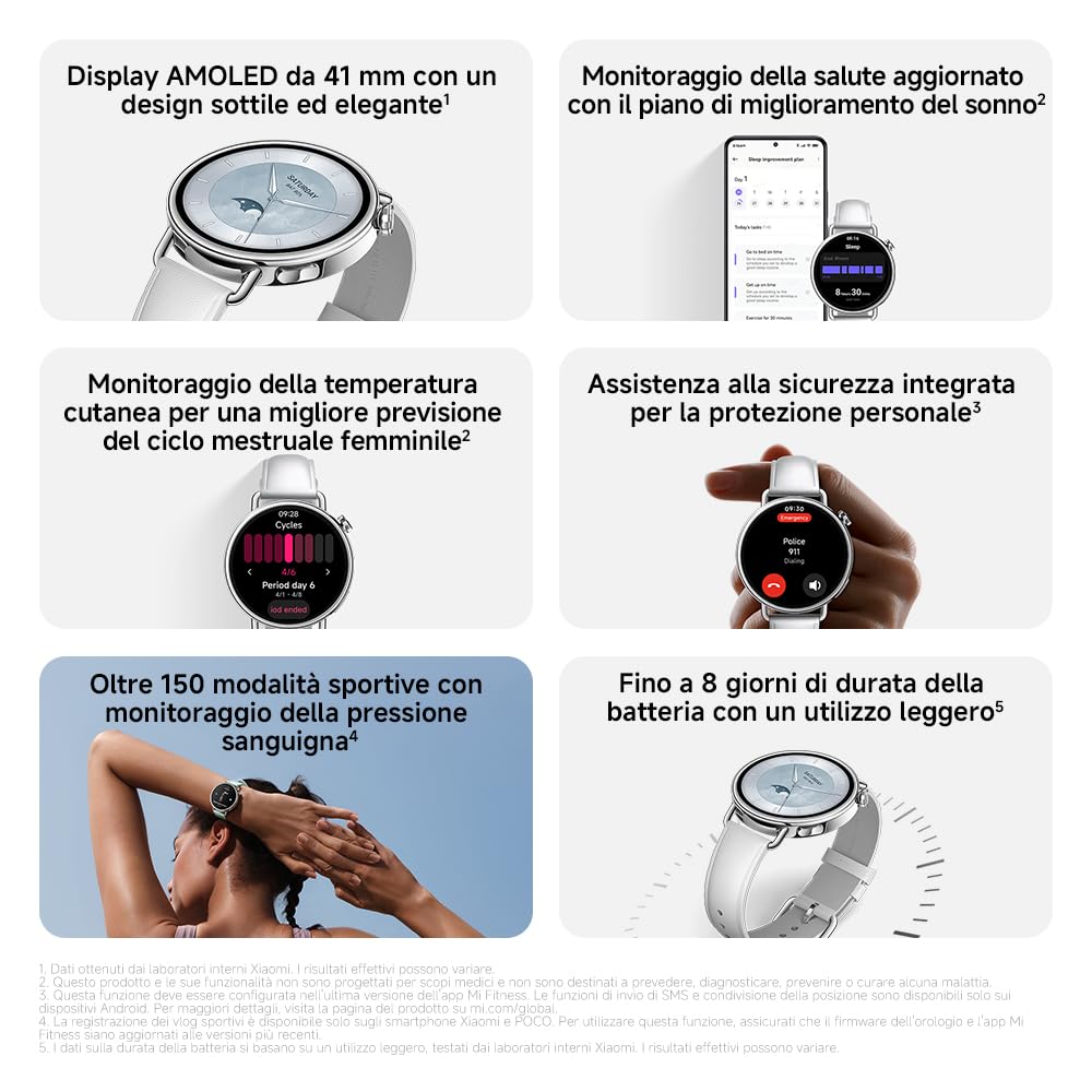 XIAOMI Watch S4 41mm: smartwatch compatto ultra-leggero da 32g, previsione ciclo, controllo della salute con un tap, 150+ modalità sportive, funzioni sicurezza, HyperOS 3, cinturino in pelle bianco