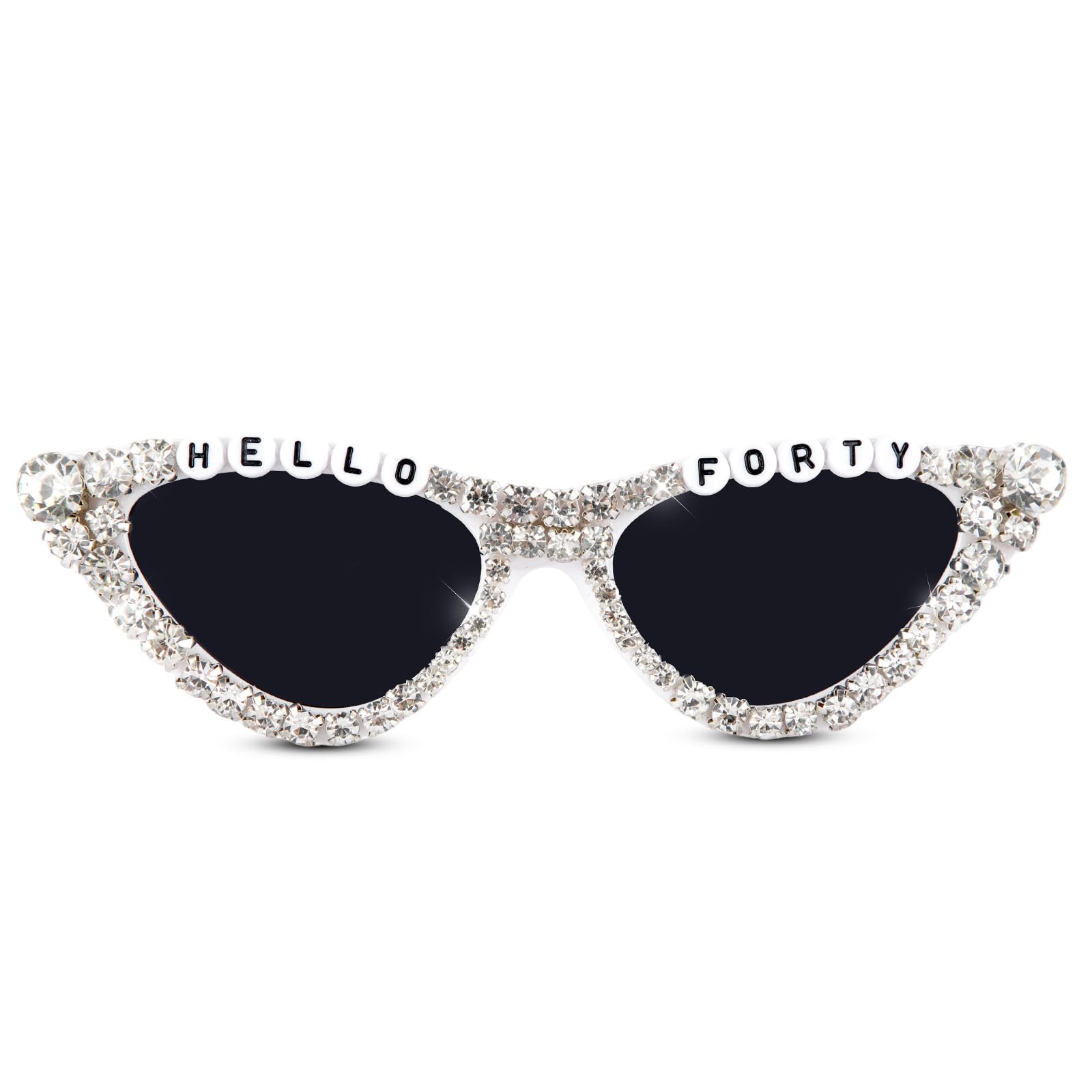 40th Birthday Glasses, Cat Eye Shaped Sunglasses, HELLO FORTY Shiny Bling Diamond Pearl Eyeglasses for Women Men, 40th Novelty Birthday Party Celebration Decorations Photo Props Accessories Gifts