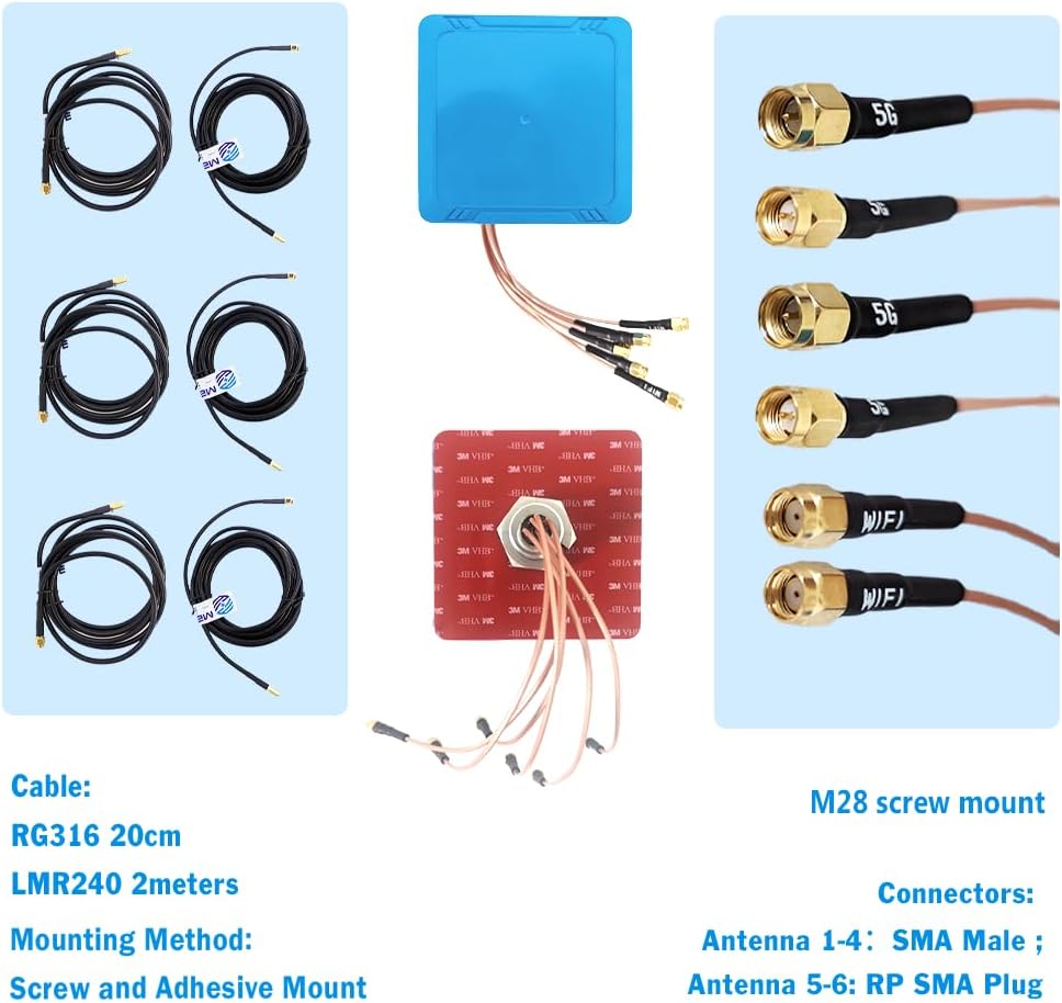 Maswell 6 Combo 5G 4X4 MIMO WIFI7 2X2 MIMO 700-6000MHz 6 in 1 Antenna Cellular 5G 4G LTE Screw and Adhesive Mount omnidirectional Bluetooth Wimax Zigbee Antenna SMA Male RP SMA Plug Not for Boosting