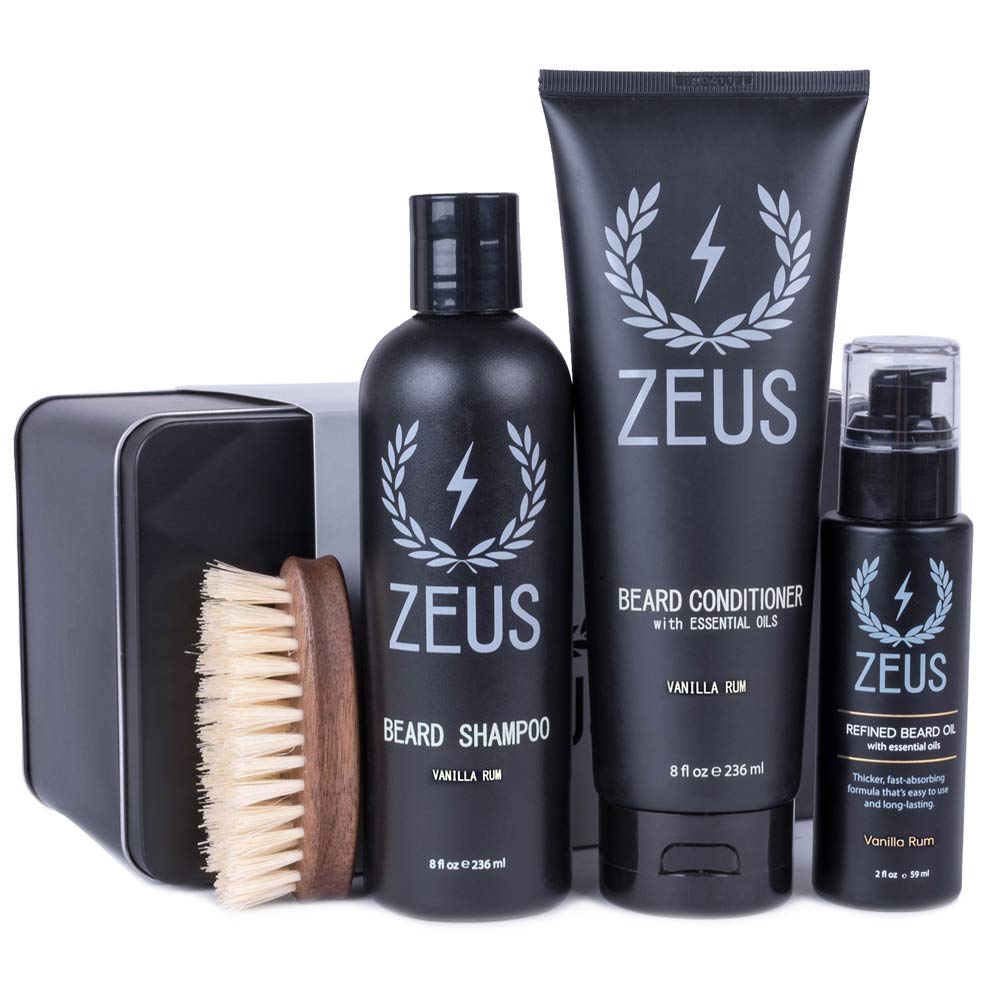 ZEUS 100% Vegan Beard Grooming Set - Vegan Formula Oil, Shampoo, and Conditioner with Natural Plant Fiber Bristle Brush (Vanilla Rum)