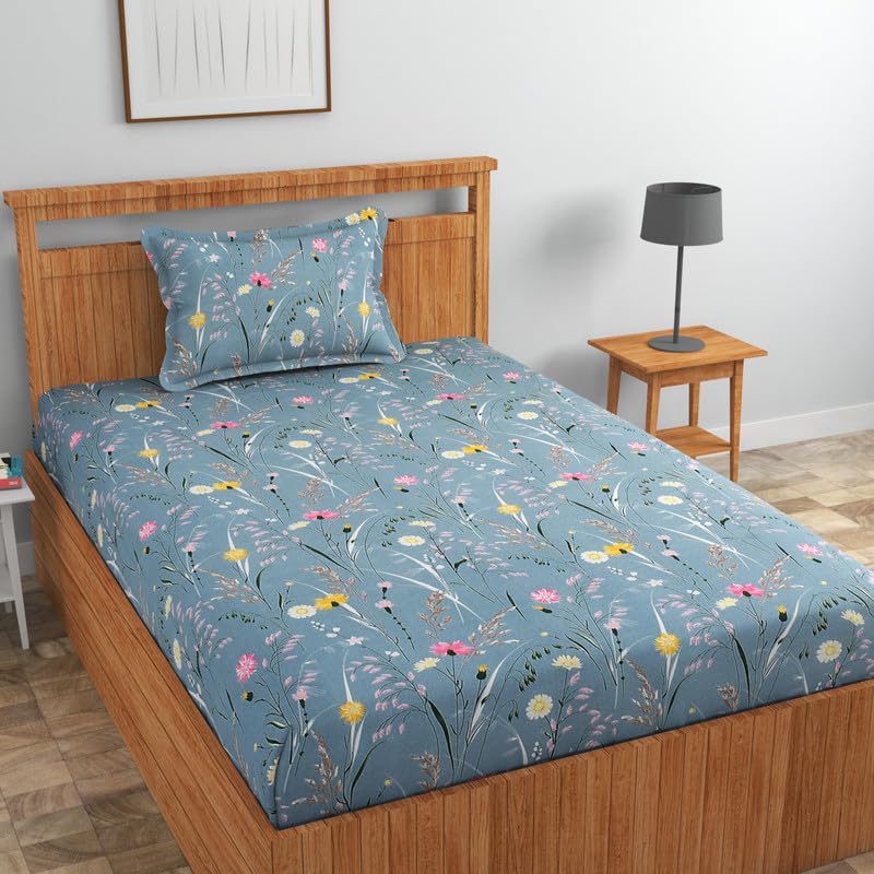 Image of NHD HOME Pure Cotton 180 to 220 tc Flat Single Bedsheets for Summer Breathable | Wrinklefree | Super Soft (Size-60 X 90 Inch) with 1 Pillow Covers (Size-17 X 27 Inches, Floral, Grey Pink)