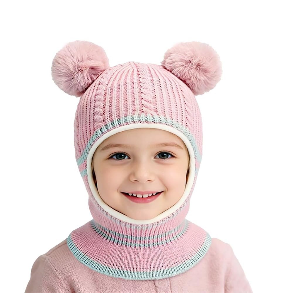 Baby Girls Boys Winter Warm Hat Toddler Kids Knit Fleece Lining Beanie Hat Earflap Hood Scarves Balaclava Hat Skiing Snowboard Cap for Age 1-5