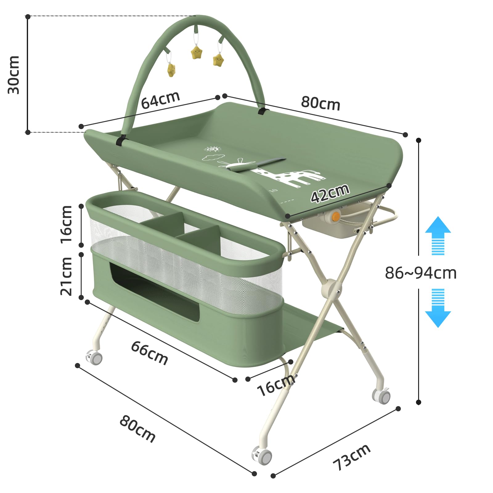 homewell 2 in 1 Baby Wickelkombi Spielzentrum, Höhenverstellbar, mobiler Wickeltisch klappbare mit Spielständer Sicherheitsgurt Aufbewahrungskorb Wickelauflage (Grün)