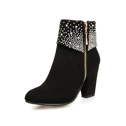 DirraBra Womens Suede Sparkle Rhinestone Chunky High Heel Ankle Boots Fashion Round Toe Side zipper Winter Dress Short