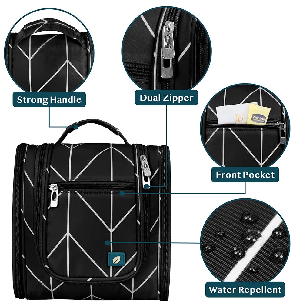 PAVILIA Hanging Toiletry Bag for Women Men, Travel Toiletry Bag Organizer for Toiletries, Cosmetics, Makeup Bag with Mesh, Water Resistant Pockets (Black Chevron)