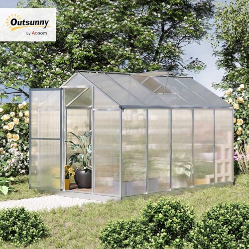 Outsunny 10' x 6' Greenhouse for Outdoors, Polycarbonate Greenhouse with Rain Gutter and Roof Vent, Aluminum Walk-in Green Houses for Outside Patio Backyard Garden