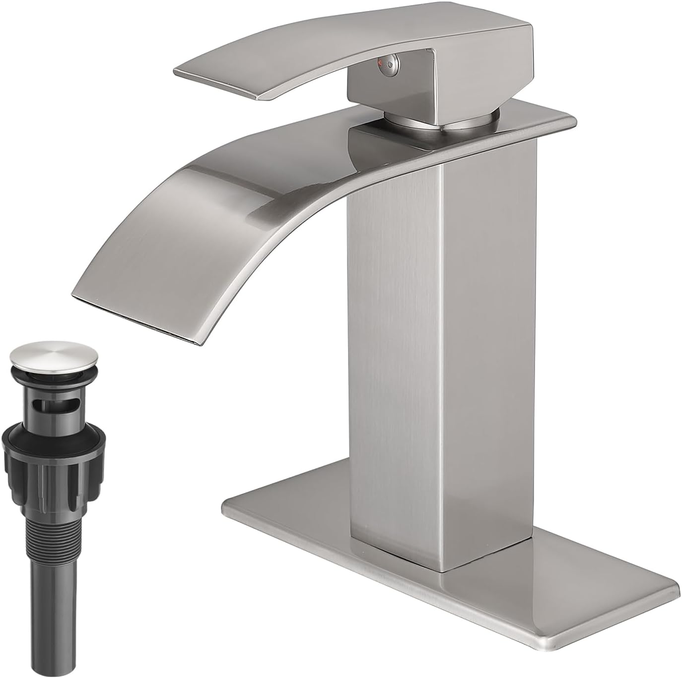 VOTON Waterfall Bathroom Faucets Brushed Nickel Modern Single Handle Sink Faucet for 1 or 3 Holes with Deck Plate and Pop-Up Drain, Rv Sink Camper Farmhouse Faucet