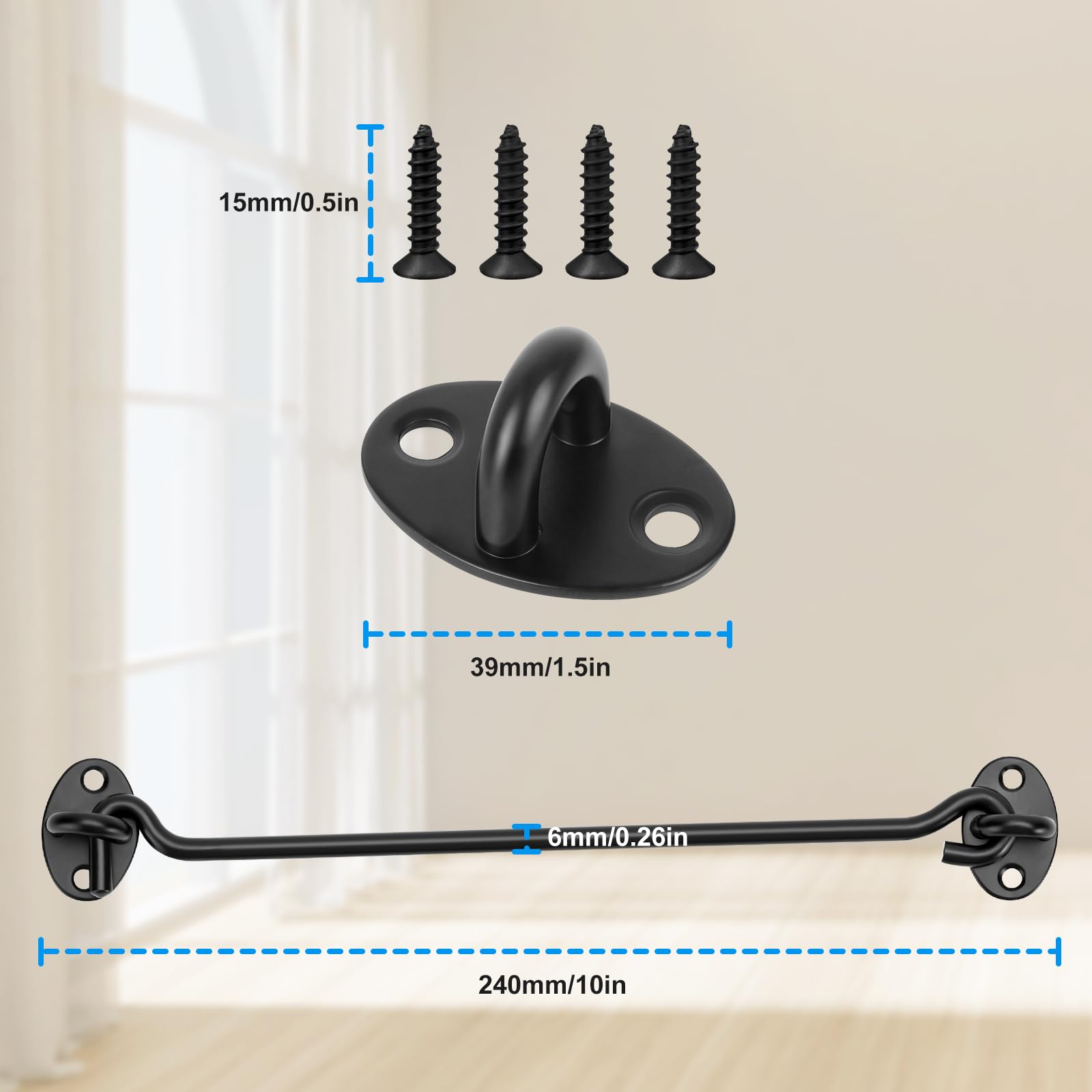 2 Pack Hook and Eye Latch Black 250mm(10") Cabin Hooks and Eye Metal Door Hook Latch Heavy Duty Cabinet Latches for Door Gate Window Closet Shed - Image 3