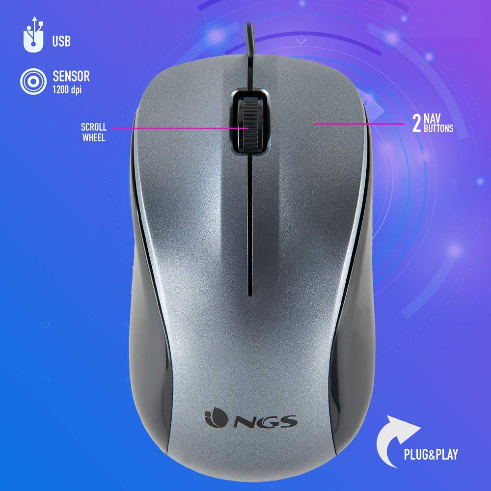 NGS Crew - 1200dpi Optical Mouse with USB Wire, Mouse for Computer or Laptop with 2 Boutons, Ambidextrous, Grey