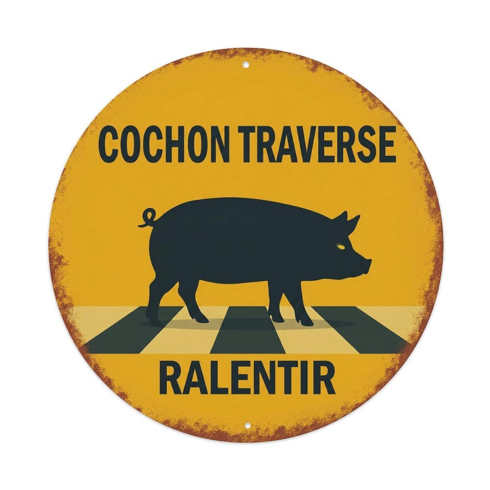 Pig Crossing Ralentir Distressed Metal Tin Sign