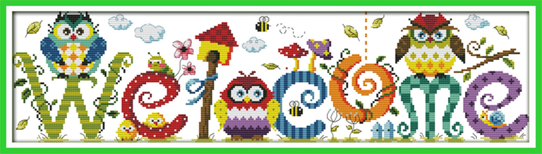 Awesocrafts Cross Stitch Stamped Kits The Owl Welcome Card Easy Patterns Cross Stitching Embroidery Needlework Kit Supplies (Owl)