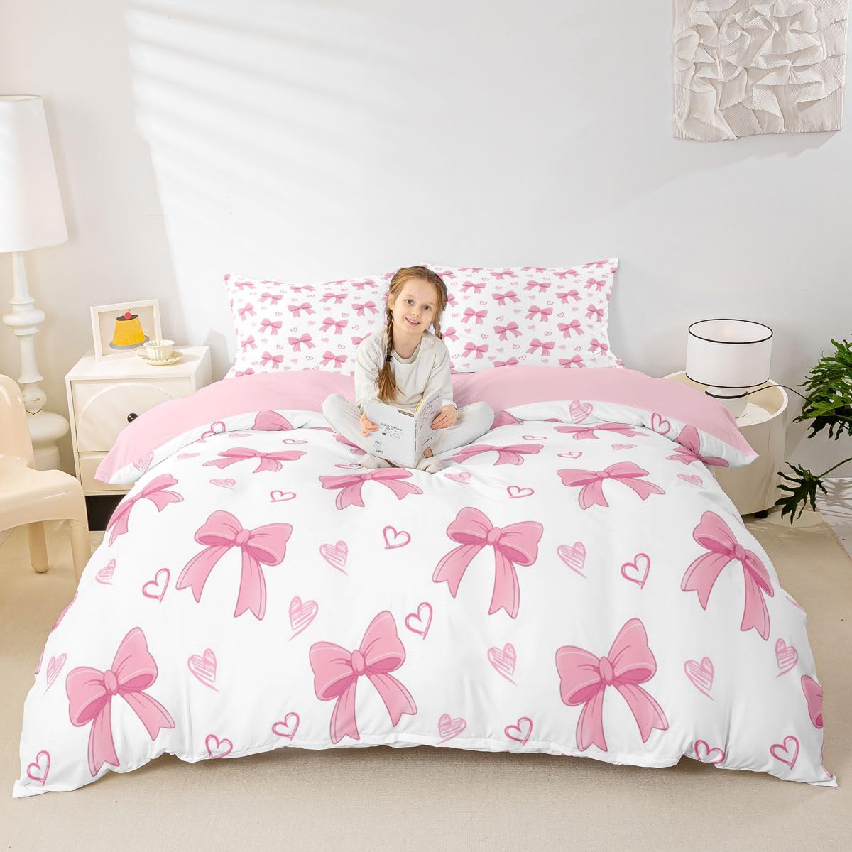 Homewish Księżniczka wstążka kokarda kokarda super king pościel marzycielski uroczy zestaw poszewek na kołdrę różowa poszewka na kołdrę miłość serca zestawy łóżek