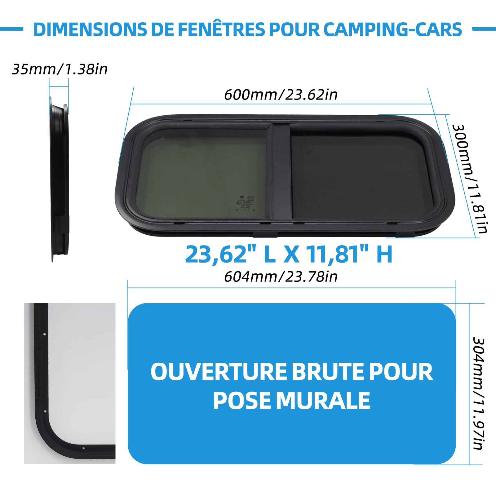 Fenêtre latérale pour camping-car, fenêtre coulissante teintée avec moustiquaire, 600 x 300 mm, convient pour camping-car, caravane et remorque (600 x 300 mm)