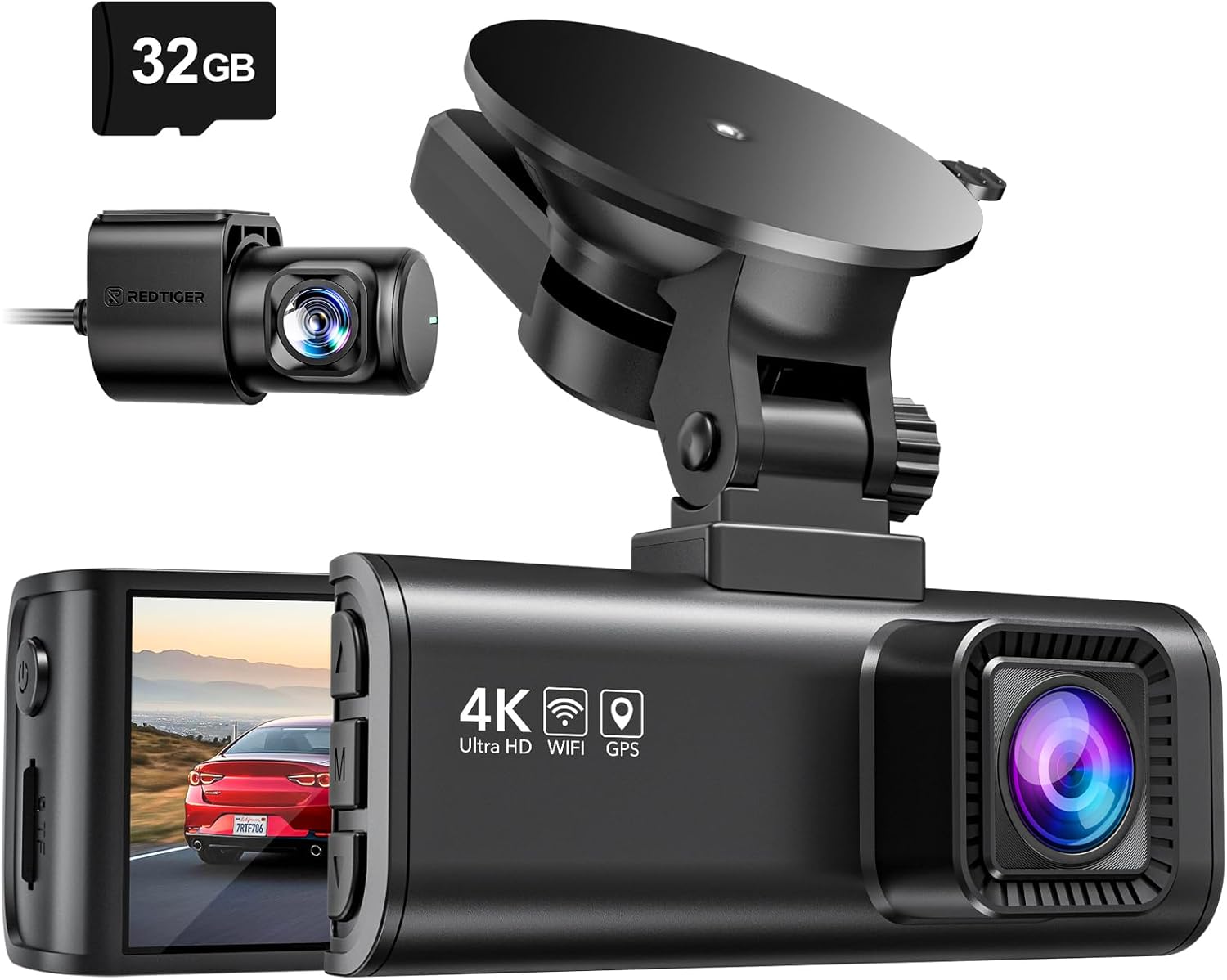 REDTIGER 最新型 ドライブレコーダー 前後カメラ 4K UHD 800万画素 GPS WIFI搭載 IMX415センサー HDR/WDR搭載 3.18インチ小型 ドラレコ 駐車監視 ノイズ/LED信号機対策済 Gセンサー 衝撃録画 170°超広角 どらいぶれこーだー Type-C電源 32GBカード付き 吸盤式 日本語説明書 F7NP