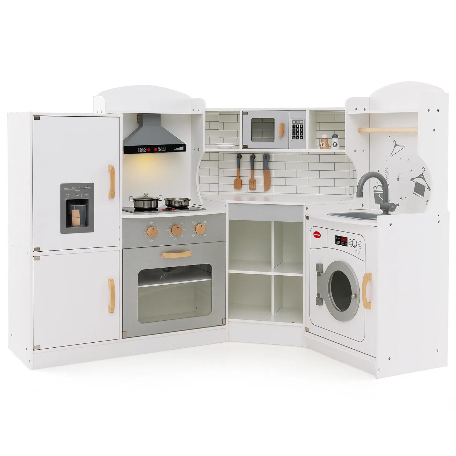 HONEY JOY Corner Kids Kitchen Playset, Ultimate Wooden Play Kitchen for Toddlers, Washing Machine, Ice Maker, Sink, Microwave, Little Chef Pretend Play Toy Kitchen Set, Gift for Boys Girls, White