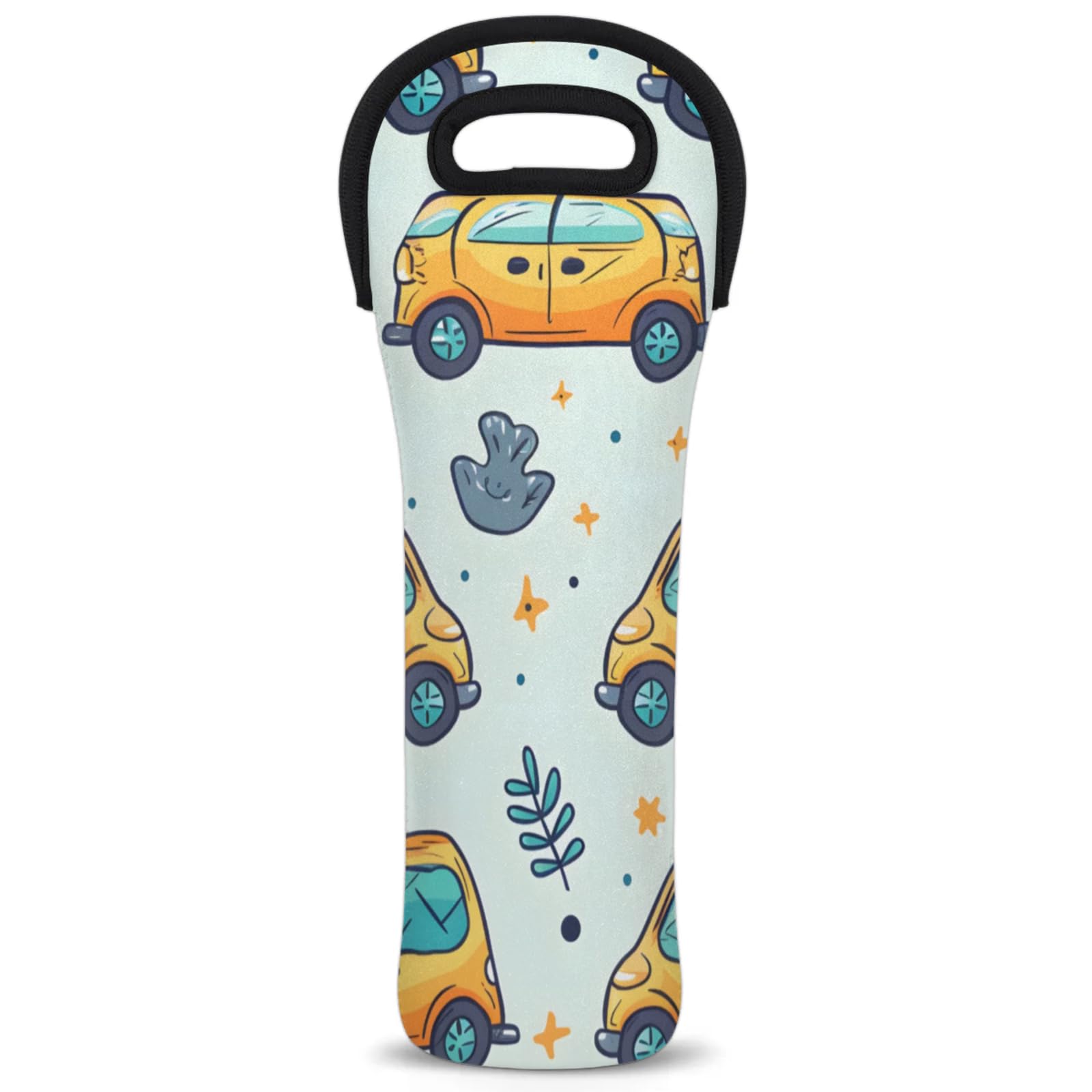 Neoprene Wine Tote Carrier Bag for Wine,Water, Champagne, Beer, Baby Bottles 15.6 x 5.1 Inches, Protective Wine Bag,Yellow Cars
