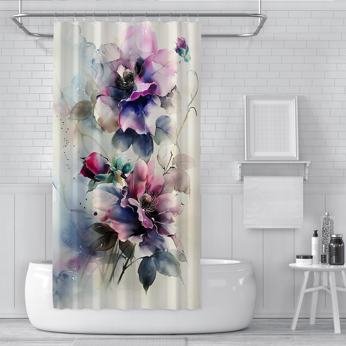 Rideaux de Douche Art à l’Encre Abstraite Rideaux de Douche en Fleur de Pivoine avec Crochets Décoration de Salle de Bain Lavable imperméable W220xL180 cm