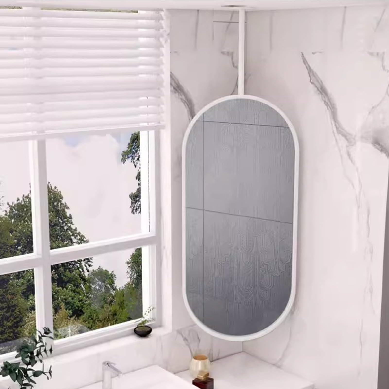 BKSXSOP White Bathroom Mirror/Oval Mirrors for with Metal Frame and Ceiling Rod HD Mirror, Modern Oval Mirror Over Sink, Makeup Vanity Mirrored - Customizable Boom (Size :