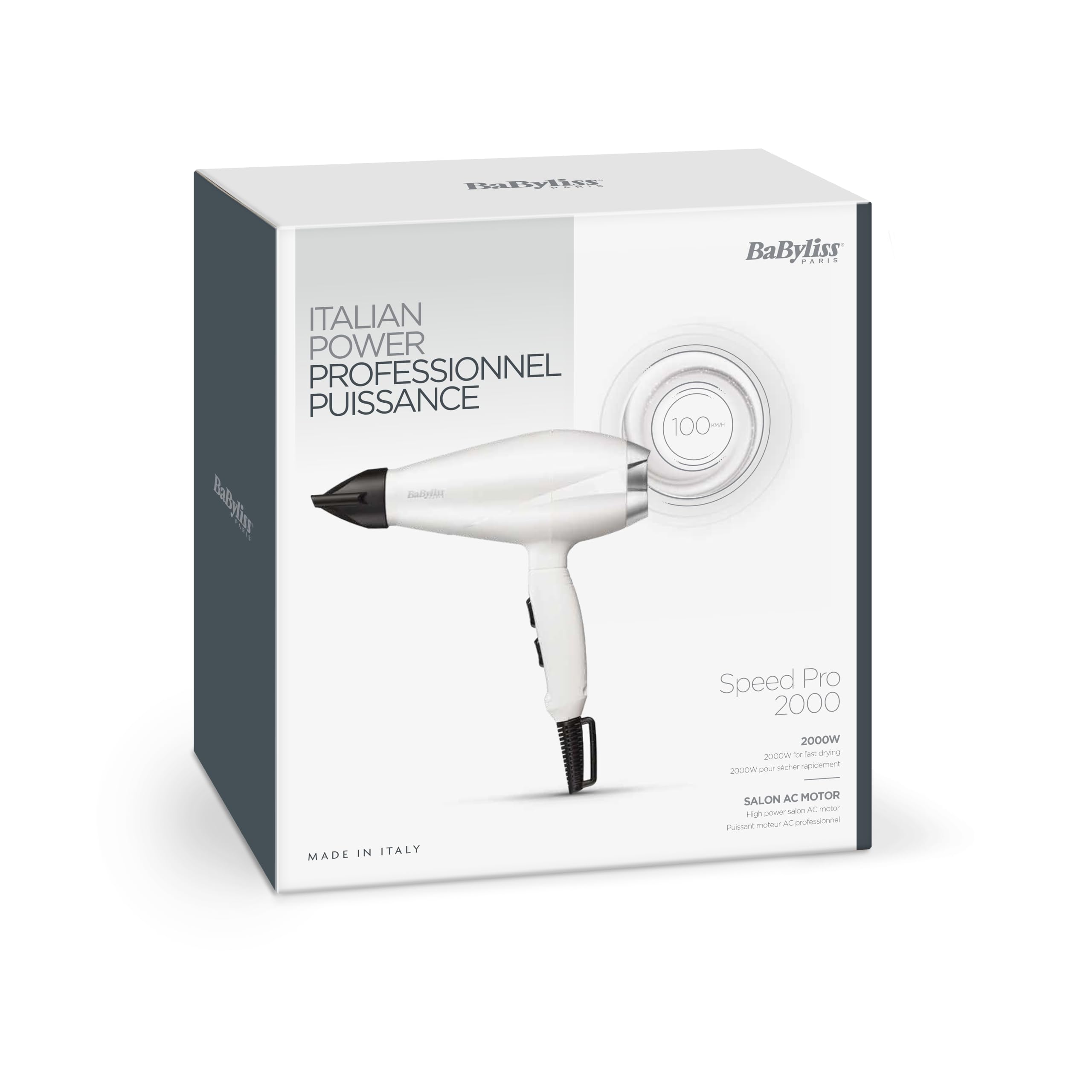 BaByliss 6704WE Made In Italy Hair Dryer with Professional AC Motor 2000W, Hair Dryer, Ultra-Fast Drying, Ionic Function, Lightweight, 3 Temperature, 2 Speed, Concentrator, White